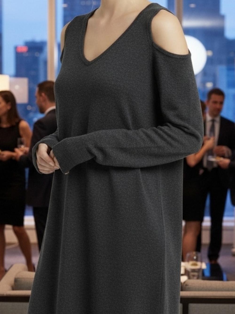 All Saints Charcoal Cold-Shoulder V-Neck Sweater Dress - Picture 2 of 3